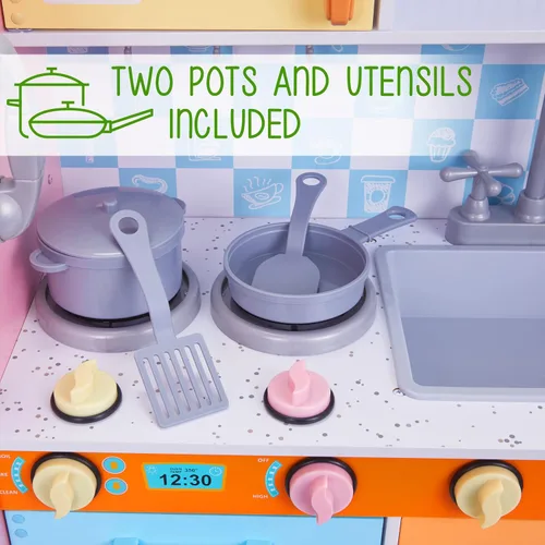 Miniatura 4 de Lil' Jumbl Juego de cocina para niños, cocina de juego de madera con tablero de tiza, teléfono de juego, toallero y dispensador de hielo, pomos