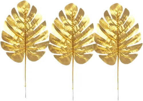 Miniatura 6 de GANAZONO 12 hojas de tortuga artificiales doradas con varilla, hojas de Monstera de seda para decoración del hogar y fiestas, 15.55 x 7.87 pulgadas
