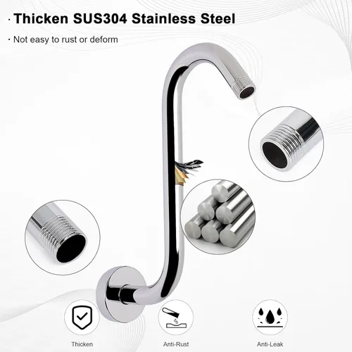 Miniatura 4 de Brazo de ducha en forma de S, tubo de extensión de cabezal de ducha de altura alta, conexión estándar de 1/2 pulgada con brida, impresionante