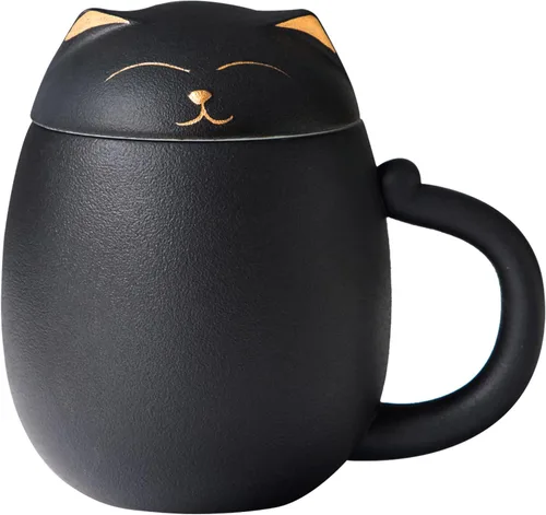 HEER Taza de té para gatos con infusor y tapa, taza de té de cerámica de 13.5 onzas, regalo para amantes de los gatos para amigos y familia (negro)