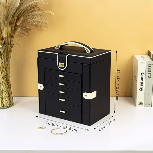 Miniatura 2 de KAMIER Joyero para mujer, caja organizadora grande de 6 capas con espejo y 5 cajones para anillos, aretes, collares, pulseras, color negro