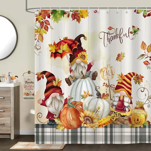Miniatura 2 de Bonhause Cortina de ducha de gnomo de otoño, Acción de Gracias, hojas de arce otoñal, calabaza, búfalo, cortina de baño a cuadros, 72 x 72 pulgadas