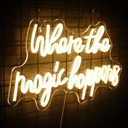 Miniatura 6 de Letrero de neón con texto en inglés «Where The Magic Happens», luz LED blanca cálida para decoración de pared, letras alimentadas por USB, luz