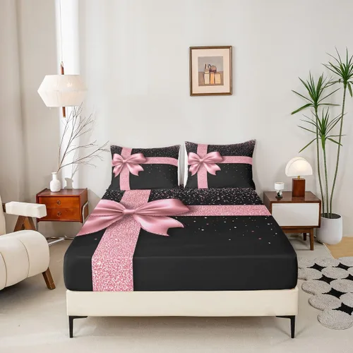 Miniatura 5 de Castle Fairy Juego de sábanas con lazo, juego de sábanas de diamante con purpurina para niños, juego de ropa de cama rosa y negro para niños