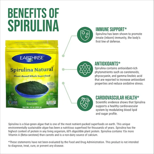 Miniatura 3 de Earthrise Spirulina Polvo natural de 16 onzas, espirulina natural premium de California, vegano, sin gluten, apto para ceto, sin OMG, súper alimento