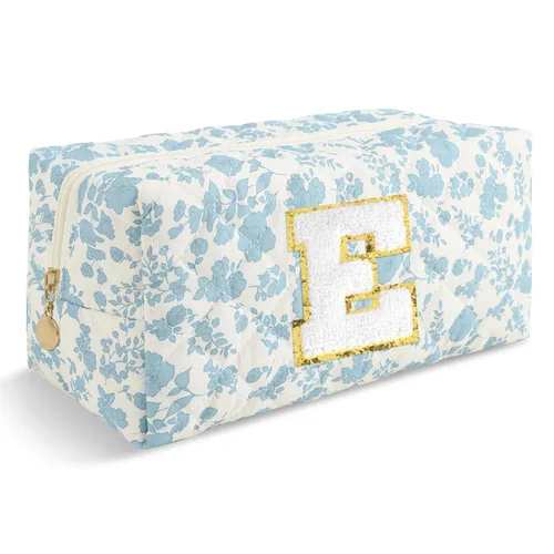 Miniatura 389 de Pequeña bolsa de maquillaje personalizada con inicial A-Z Preppy Patch, bolsa de cosméticos de viaje de felpilla blanca con cremallera, bonita bolsa