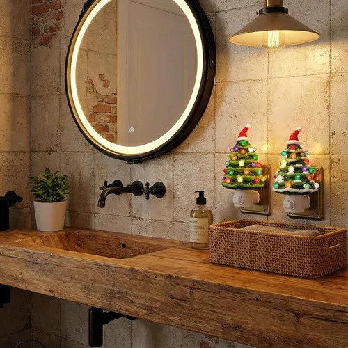Miniatura 5 de Luz nocturna de cerámica para árbol de Navidad, paquete de 2 luces nocturnas de Navidad con enchufe de 6.3 pulgadas, árboles de Navidad de cerámica