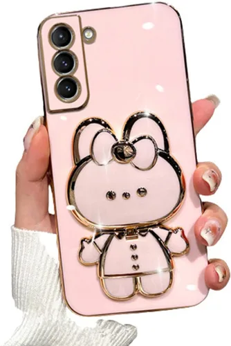 Funda para Samsung Galaxy A14 para mujeres y niñas, diseño de soporte de conejo oculto 6D, chapado en purpurina de lujo, espejo de silicona suave