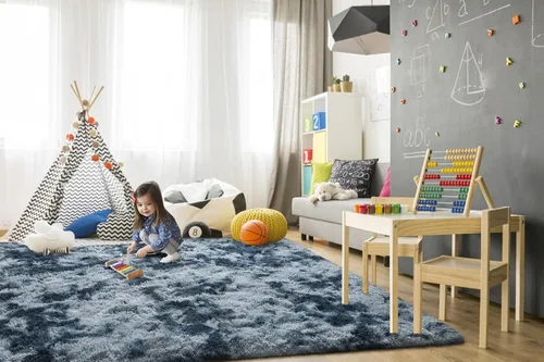 Miniatura 4 de TWINNIS Alfombras grandes de pelo largo de 4 x 6 para sala de estar, dormitorio, teñido anudado azul y gris, alfombras de felpa súper suaves
