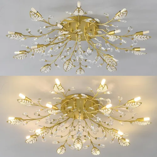Miniatura 9 de Lámpara de techo de cristal, lámpara de flores, luces de techo semiempotradas de hojas doradas, accesorios de iluminación de cocina para dormitorio