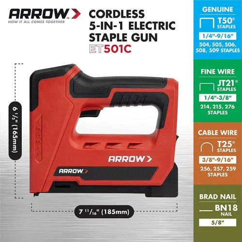 Miniatura 2 de Arrow ET501C - Pistola profesional inalámbrica 5 en 1 para grapas y clavos, grapadora de alambre y clavadora de clavos a batería para tapicería