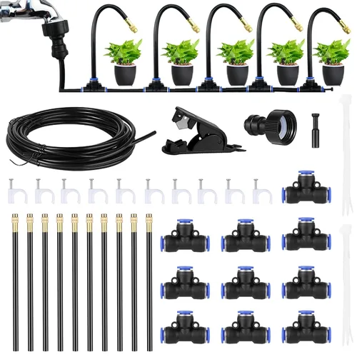 Sistema de riego automático de refrigeración por niebla, sistema de nebulización de 33 pies y 10 boquillas de nebulización de latón, kit de rociador