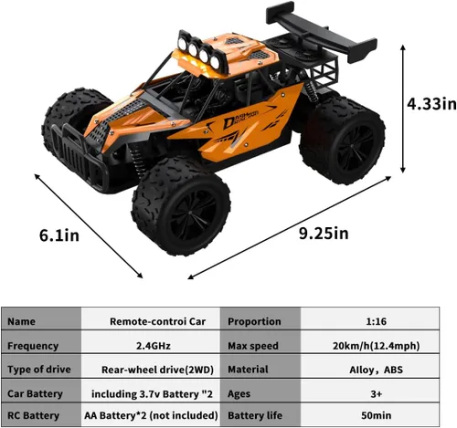 Miniatura 2 de Coche de control remoto Monster Truck Juguetes a escala 1:16 RC Car para niños 2.4GHz de alta velocidad 12.4 mi/h con faros LED, autos RC Negro