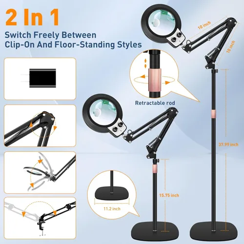 Miniatura 8 de KIRKAS Lámpara de pie con aumento 12X con base para esteticistas de 2,200 lúmenes, lente de cristal iluminada, soporte ajustable y brazo giratorio