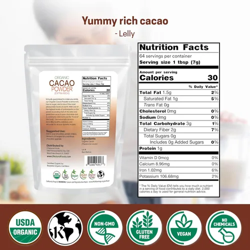 Miniatura 2 de Z Natural Foods Cacao Orgánico en Polvo - Superalimento Denso en Nutrientes y Sin Azúcar para un Envejecimiento Saludable - Sabor Extra-Rico a