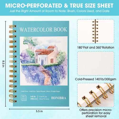 Miniatura 2 de Bloc de papel de acuarela de 5.5" x 8.5", 30 hojas de 140lb/300g prensa en frío, pequeño cuaderno de bocetos de acuarela, encuadernado en espiral