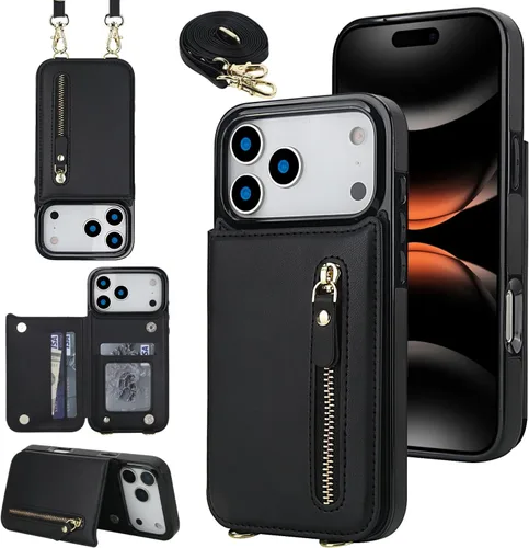 Miniatura 11 de Funda cruzada para teléfono iPhone 13 Pro Max de cuero con tarjetero, funda protectora extraíble, correa de cuero ajustable con botón, compatible