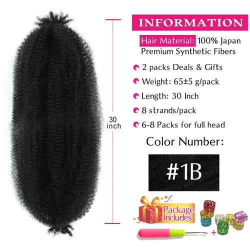Miniatura 2 de Cabello afro elástico y trenzado de 30 pulgadas 2 paquetes, cabello preesponjado y trenzado elástico pre-estirado para extensiones de cabello suave