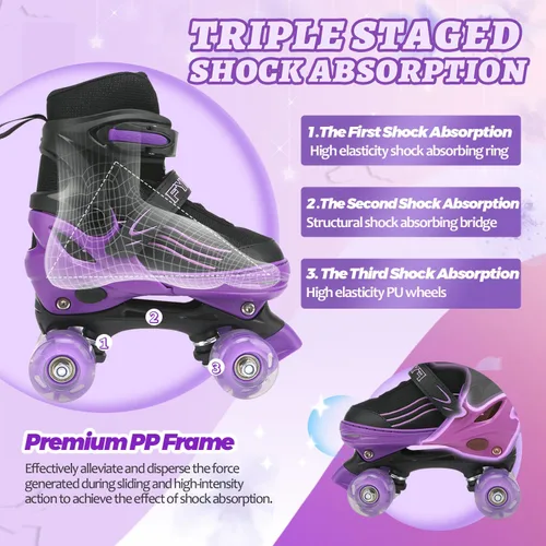 Miniatura 5 de Patines para niños y niñas, niños principiantes, 4 tamaños ajustables, patines cuádruples para niños y jóvenes, con ruedas iluminadas para deportes