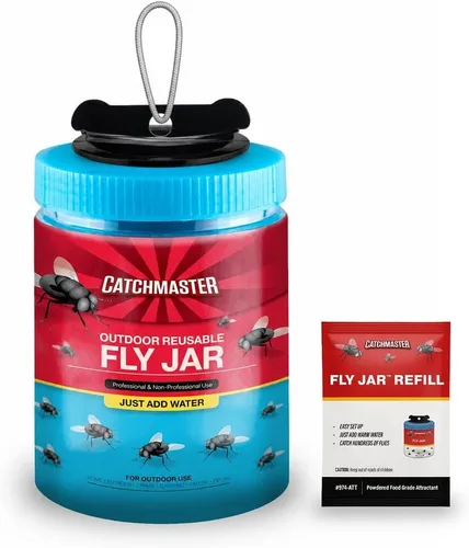 Miniatura 9 de Catchmaster - Trampa para moscas reutilizable para exteriores, 2 tarros azules colgantes con cebo Catches house, bottle & blowflies, Food-based