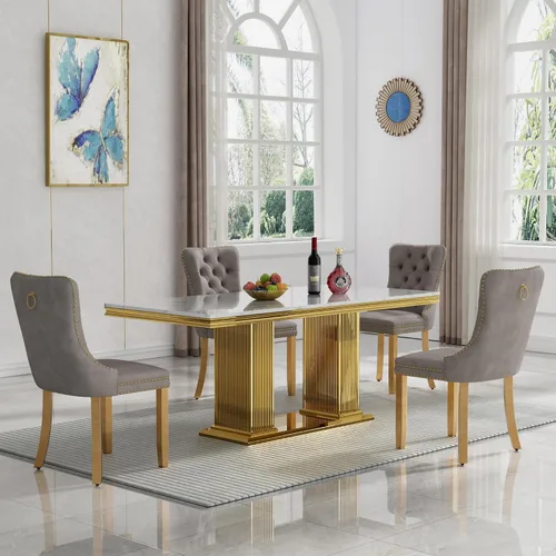 Miniatura 57 de HomVent Juego de mesa de comedor moderna de mármol sintético para 4 personas, mesa de cocina rectangular con 4 sillas beige (dorado)