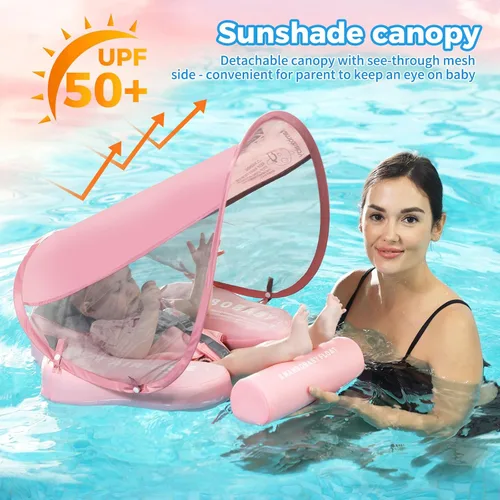 Miniatura 6 de Mambobaby - Flotador de piscina para bebé no inflable con cola y toldo, protección solar UPF 50+, sin volteo, flotador de natación para bebé, Rosa