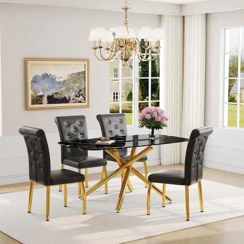 Miniatura 32 de Juego de mesa de comedor moderna para mesa de comedor negra de 4,63 pulgadas, juego de 4 con patas de metal dorado, mesa de cocina rectangular