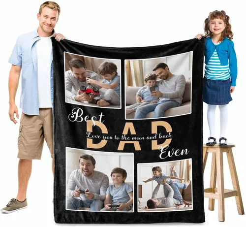 Miniatura 3 de MyPupSocks Manta personalizada de collage de fotos para papá con mensaje de amor de parte de esposa, hija e hijo, manta de fotos personalizada