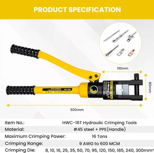 Miniatura 3 de Herramienta de Prensado de Alambre Hidráulico de 16 Toneladas, Terminal de Cable de Batería con 13 Pares de Troqueles, Herramienta de Prensado