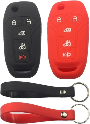 Miniatura 8 de 2 fundas protectoras de silicona de goma negra con 5 botones para llave de control remoto inteligente sin llave con llavero compatible con Ford 2
