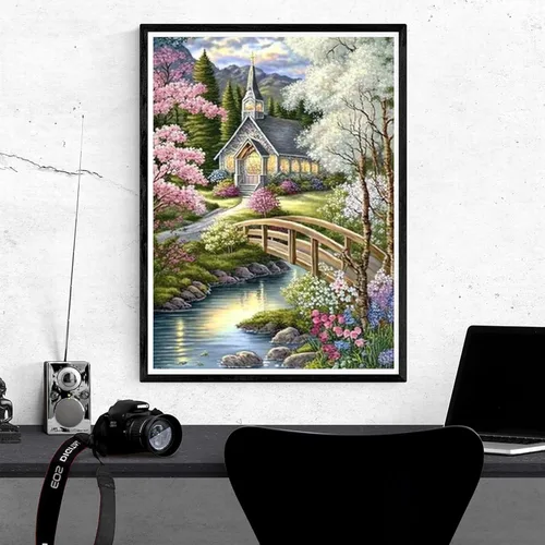 Miniatura 4 de Kaliosy Kits de Arte de Diamante 5D para Adultos River Cottage por Números, Kits de Pintura de Diamantes Paisajes Arte DIY Taladro Completo Cabaña
