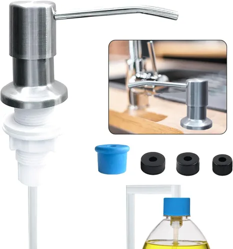 Dispensador de jabón para fregadero de cocina, cabezal dispensador de jabón integrado de acero inoxidable con tubo de agua de silicona de 3.9 ft/4