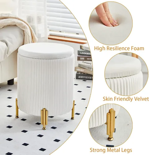 Miniatura 7 de Otomana Redonda Reposapiés con Almacenamiento y Patas de Metal para Sala de Estar y Dormitorio, Reposapiés Tapizado de Terciopelo Soporta 300 libras