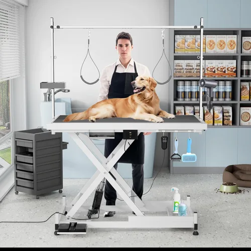 Miniatura 10 de Mesa hidráulica de aseo para mascotas con brazo ajustable, estructura de elevación en Z, carga máxima, 330 libras, mesa profesional de aseo