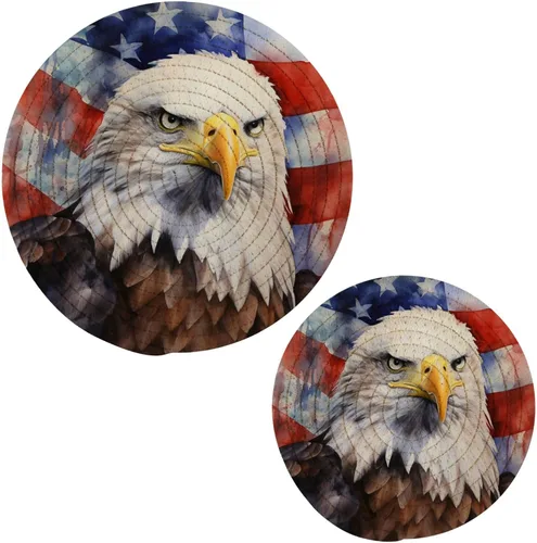 Miniatura 7 de Naanle Juego de 2 salvamanteles tejidos para ollas, 4 de julio, bandera de Estados Unidos, estrellas florales azules, manteles individuales redondos