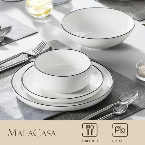 Miniatura 3 de MALACASA Juego de platos y cuencos, juego de vajilla de porcelana moderna de 24 piezas para 6 personas, vajilla de cerámica blanca para cocina