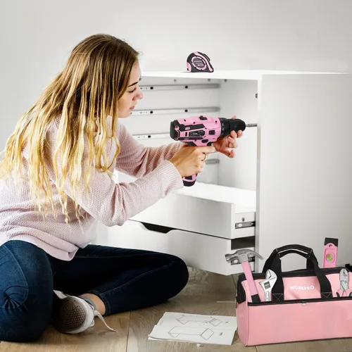 Miniatura 8 de WORKPRO Taladro inalámbrico rosa de 12 V y kit de herramientas para el hogar, juego de herramientas manuales para bricolaje, mantenimiento