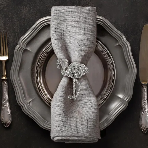 Decozen Juego de 4 servilleteros plateados con diseño de flamenco, decoración festiva de mesa para vacaciones, bodas, cumpleaños, cocina, decoración