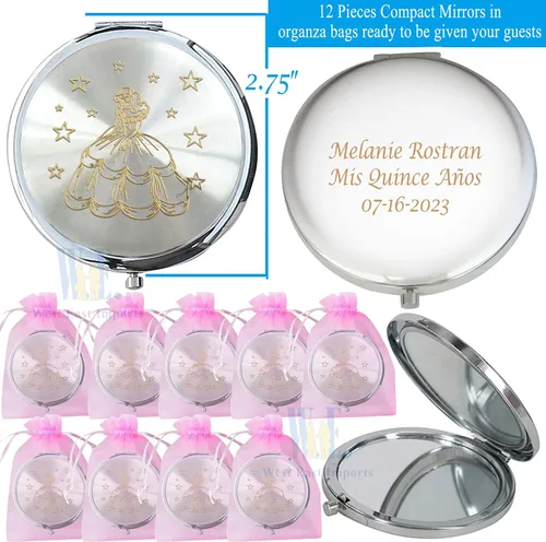 Miniatura 2 de WE Recuerdos de espejo compacto de Cenicienta personalizados (12 piezas) Rosa - Quinceañera/Sweet 15/Cumpleaños/Regalos para invitados