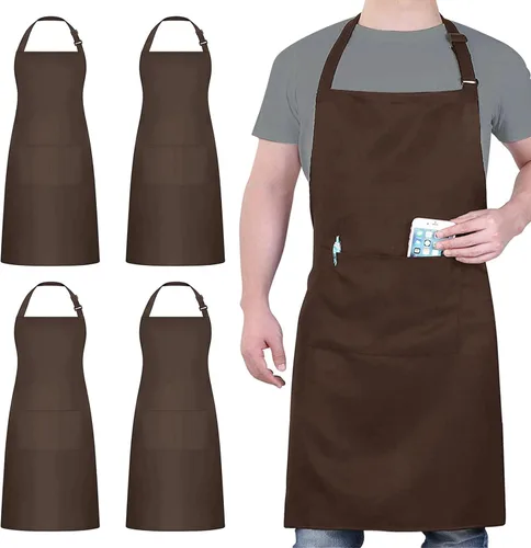 Miniatura 15 de Paquete de 4 delantales ajustables, delantal negro con 2 bolsillos, delantal lavable a máquina perfecto para cocinar, asar a la parrilla, lavar