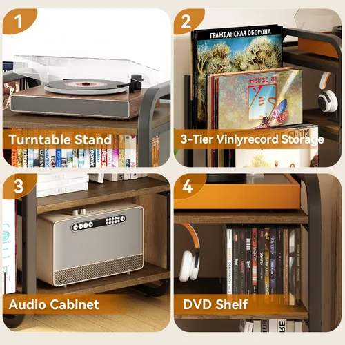 Miniatura 6 de Soporte para tocadiscos, mesa de almacenamiento de discos de vinilo de 4 niveles, soporte ajustable para tocadiscos, estante de vinilo con capacidad