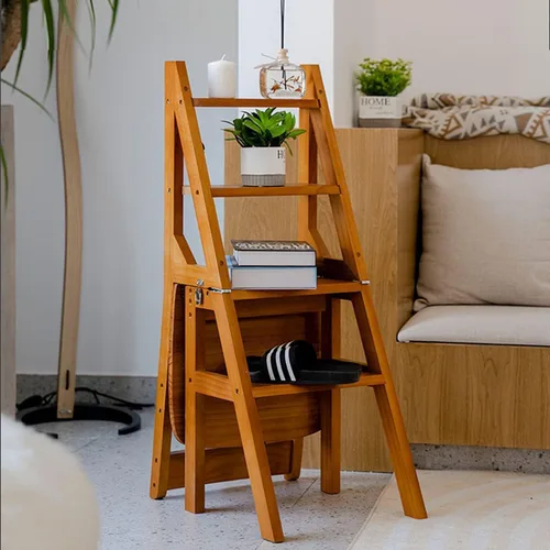 Miniatura 2 de Escalera plegable de 4 niveles, silla plegable de madera 3 en 1, taburete portátil multifunción con capacidad de 198 libras, estante de exhibición