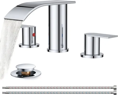 Miniatura 20 de FORIOUS Grifos de baño negros y dorados, cascada de 4 pulgadas con drenaje desplegable de metal y manguera cUPC para lavabo, tocador, RV, pedestal