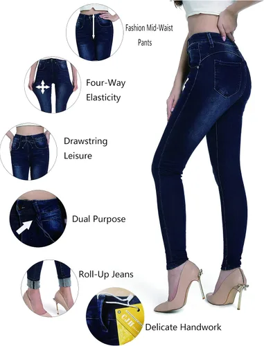 Miniatura 4 de CJH DREAM Pantalones de mezclilla de algodón con cordón elástico y cordón elástico para mujer, de cintura alta, a la moda, Jeans para mujer