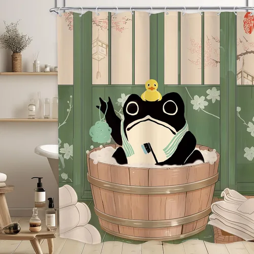 Miniatura 16 de Cortina de Ducha Divertida de Rana Juego de Baño 48 Pulgadas de Ancho x 71 Pulgadas de Alto Lindo Animal Retro Tomando Ducha Patito de Goma