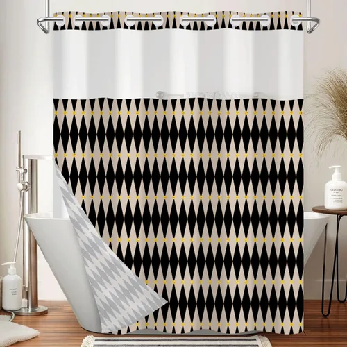 Miniatura 9 de No Hook Geometric Shower Curtain with Snap in Liner - 71″W x 74″L Waterproof Fabric with Mesh Top Window, Modern Abstract Triangle Design Bath