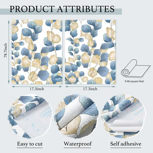 Miniatura 6 de Vinjiasin Papel tapiz bohemio para despegar y pegar, papel de contacto de hojas azules, papel tapiz floral moderno, autoadhesivo, extraíble, papel