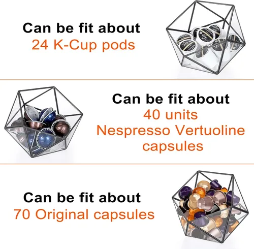Miniatura 3 de ELLDOO Soporte para cápsulas de café de vidrio negro, caja geométrica de 15 caras, organizador de cápsulas de café para taza K expreso, bolsas