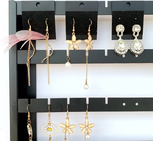 Miniatura 5 de Organizador de aretes de 7 capas, almacenamiento de aretes de oreja montado en la pared, organizador de aretes de metal negro de gran capacidad