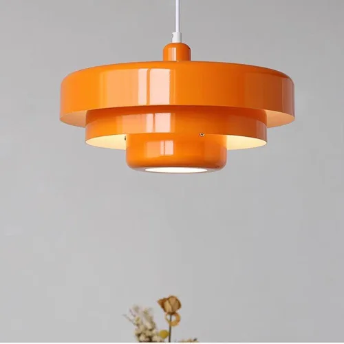 Miniatura 4 de Lámpara colgante de mediados de siglo, 1 luz naranja, lámpara colgante de techo de 3 capas, diseño de pantalla de metal vintage para mesa